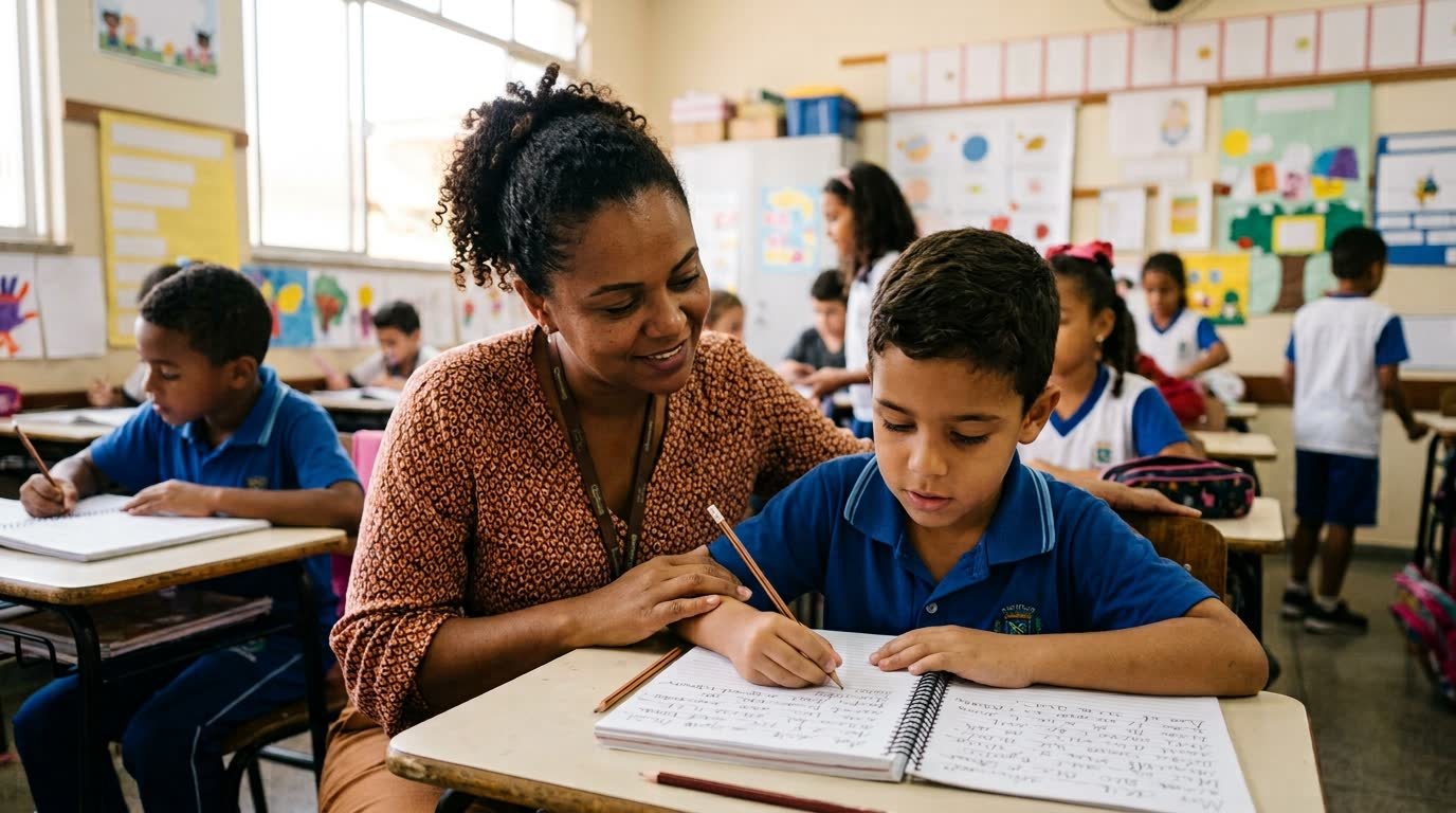 Mediadora escolar auxiliando menino de uniforme em sala de aula brasileira