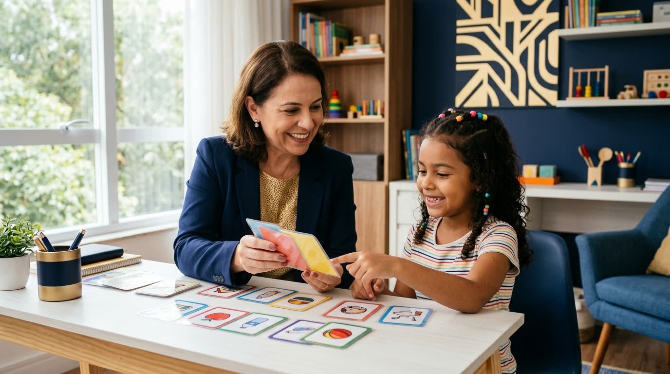 Fonoaudióloga mostrando cartões de comunicação para menina sorridente